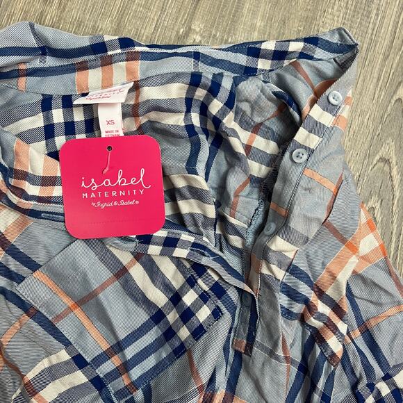 Isabel Maternity Blue Woven Collared Popover Plaid Shirt - Size XS - NWT - Picture 3 of 7